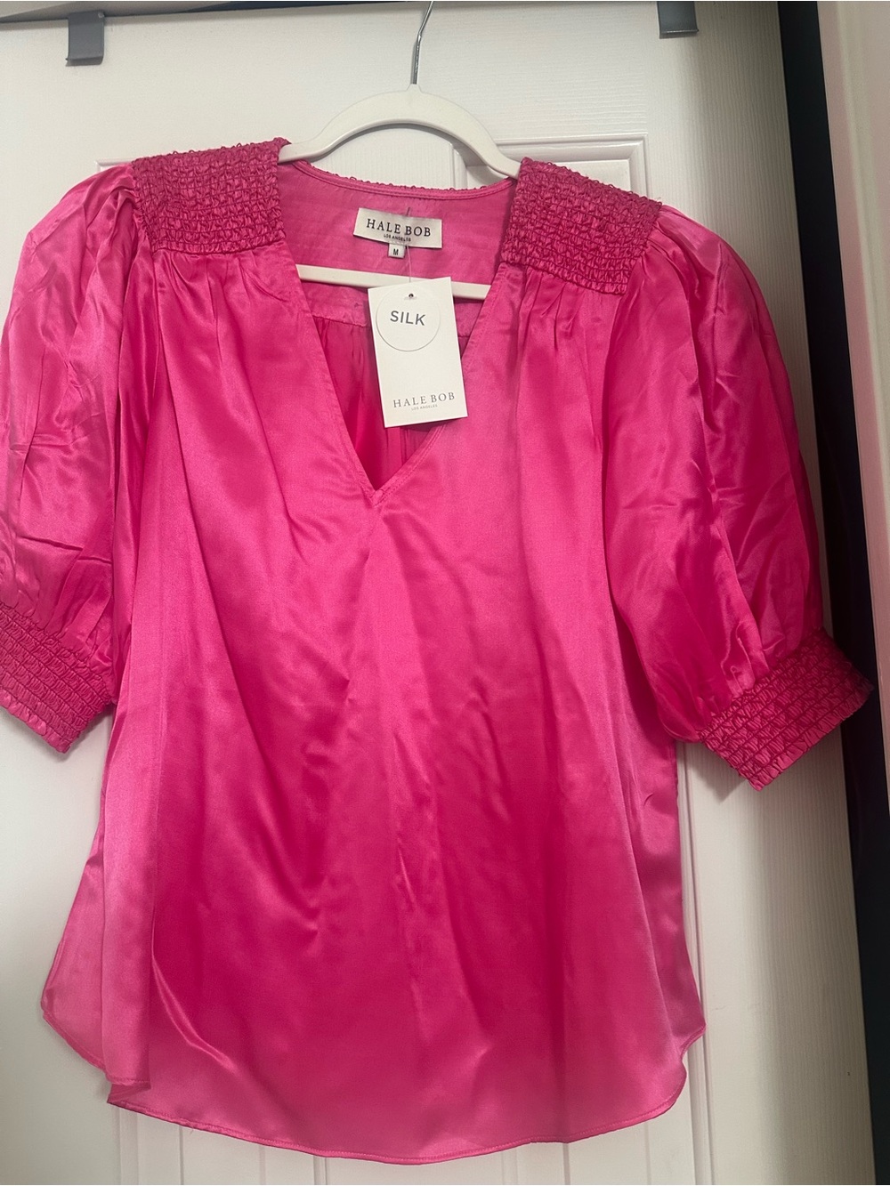 New Hale Bob Silk Puff-Sleeve Blouse in Hot Pink Sz. M